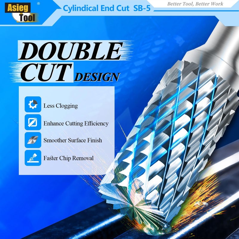 Asieg Tool SB-5 Tungsten Carbide Burr Rotary File Cylinder Shape Double Cut with 1/4''Shank for Die Grinder Drill Bit - Image 4